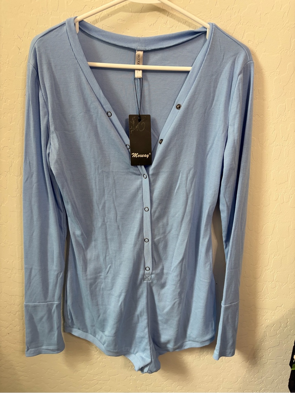 Marzey Light Blue Long-Sleeve Romper with Button Front